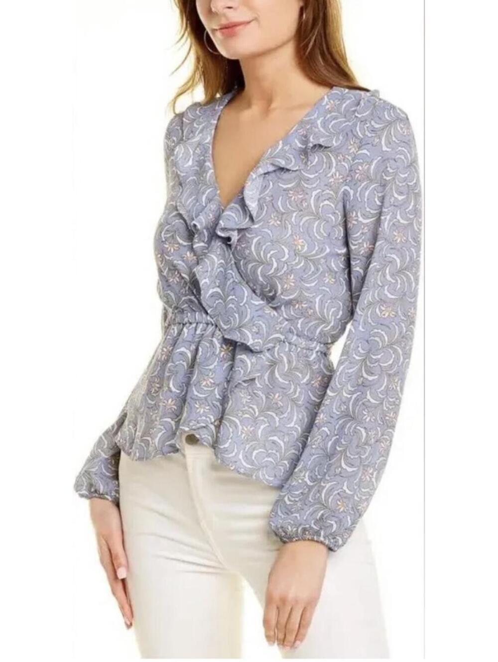 Max Studio Ruffle wrap long sleeve medium blue top